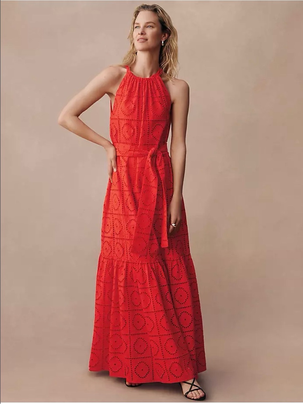 Sleeveless Red Eyelet Halter Maxi Dress